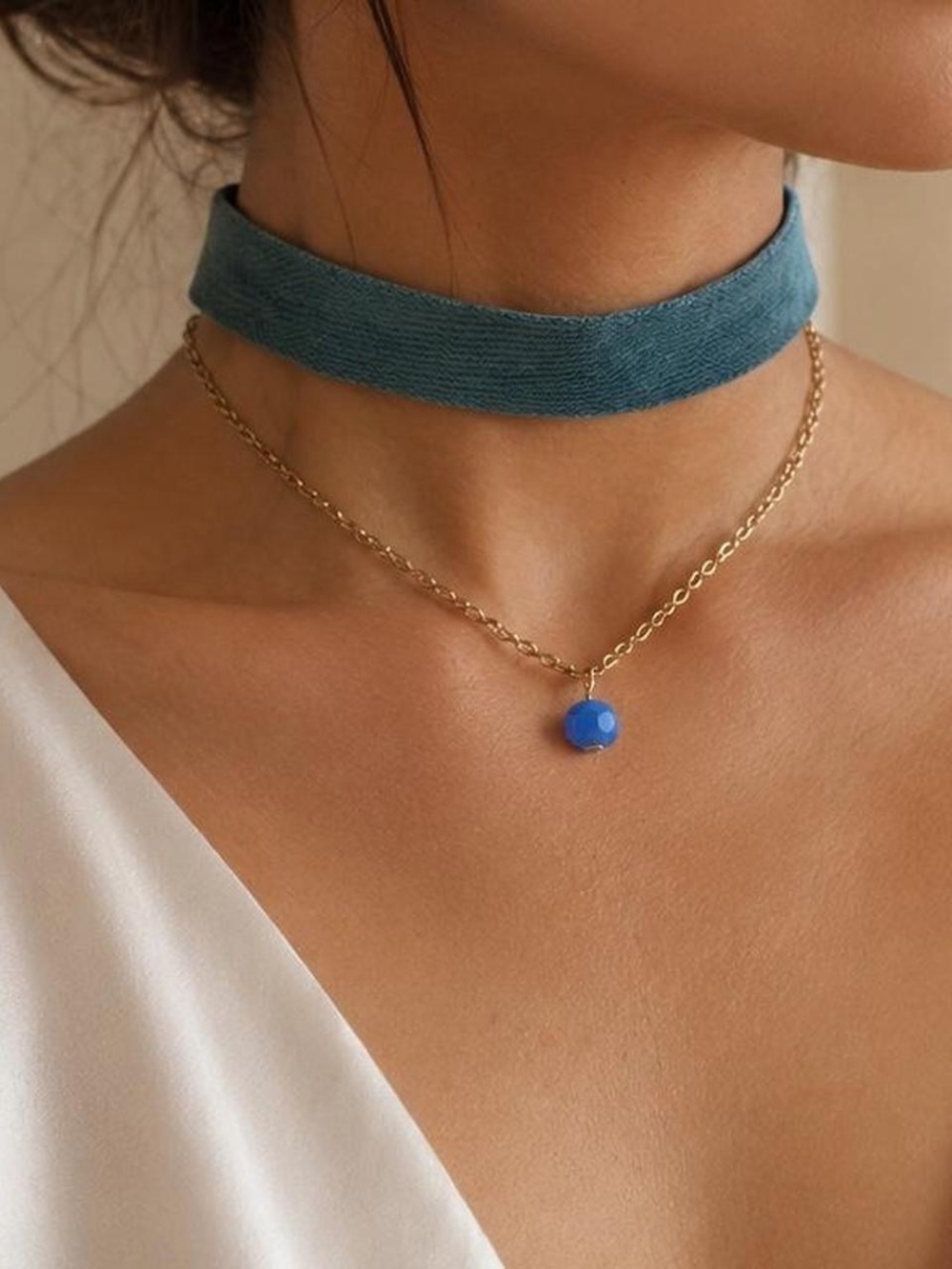 Charming Charlie Denim & Blue Bead Layered Choker - Picture 2 of 4
